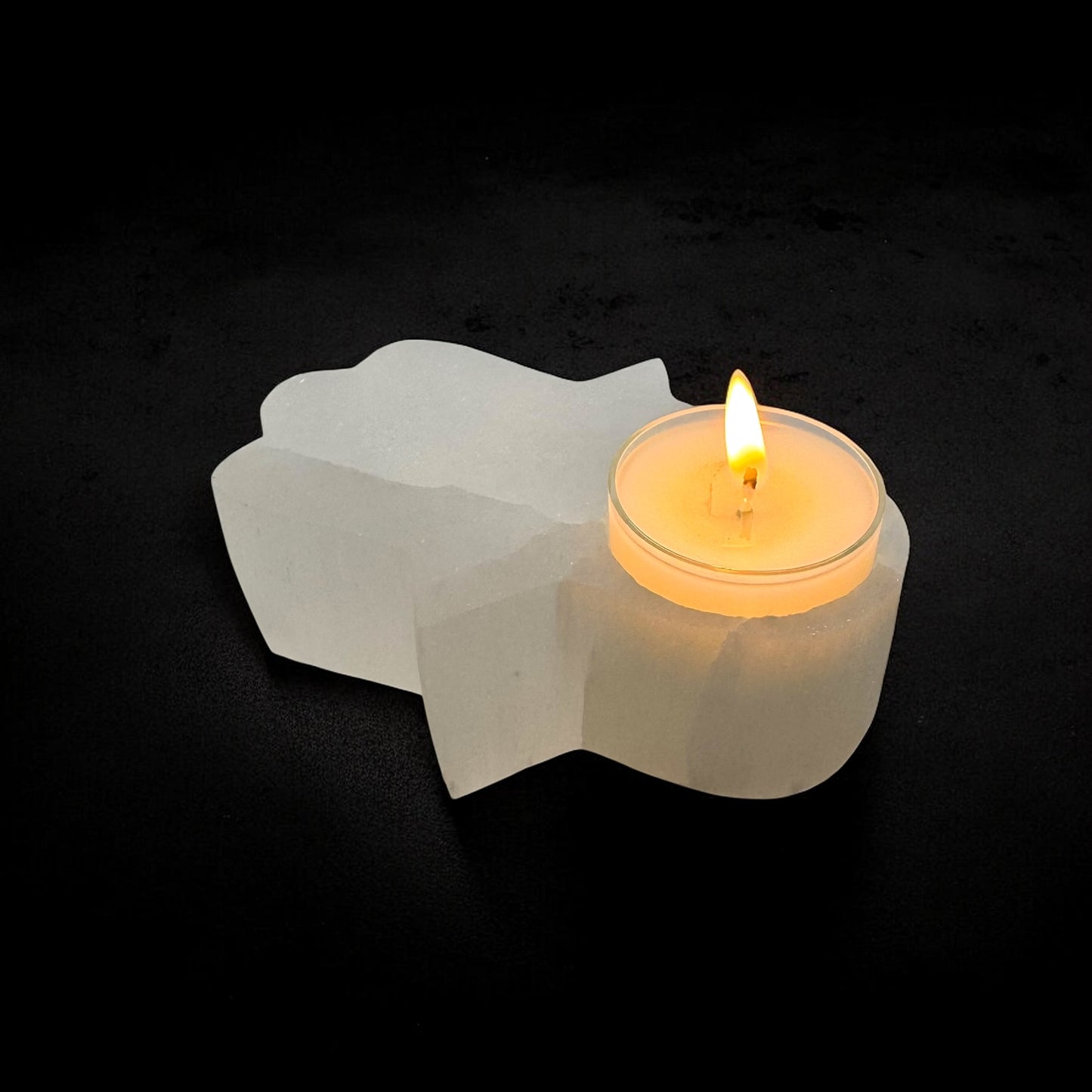 Hamsa Hand Selenite Crystal Candle Holder