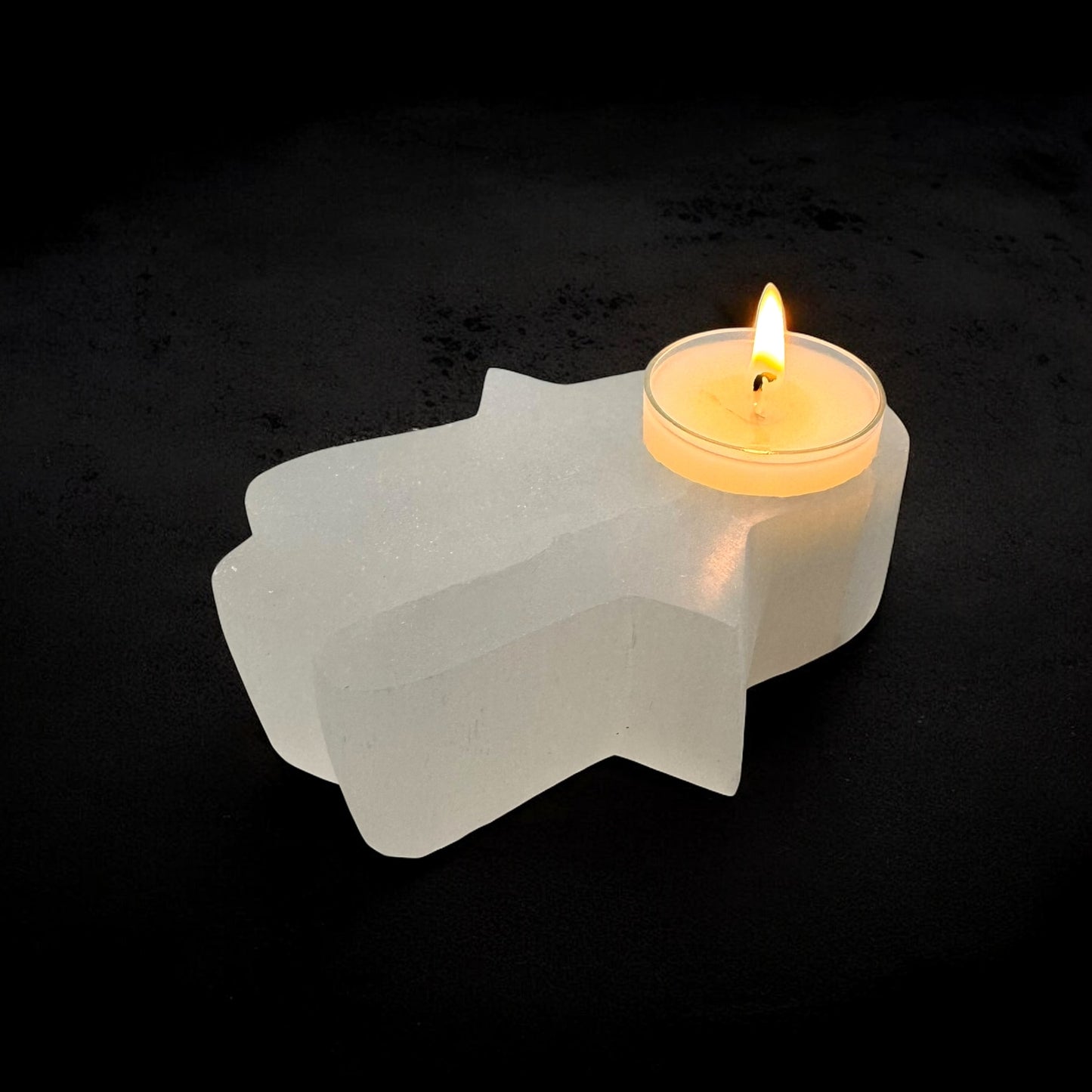 Hamsa Hand Selenite Crystal Candle Holder