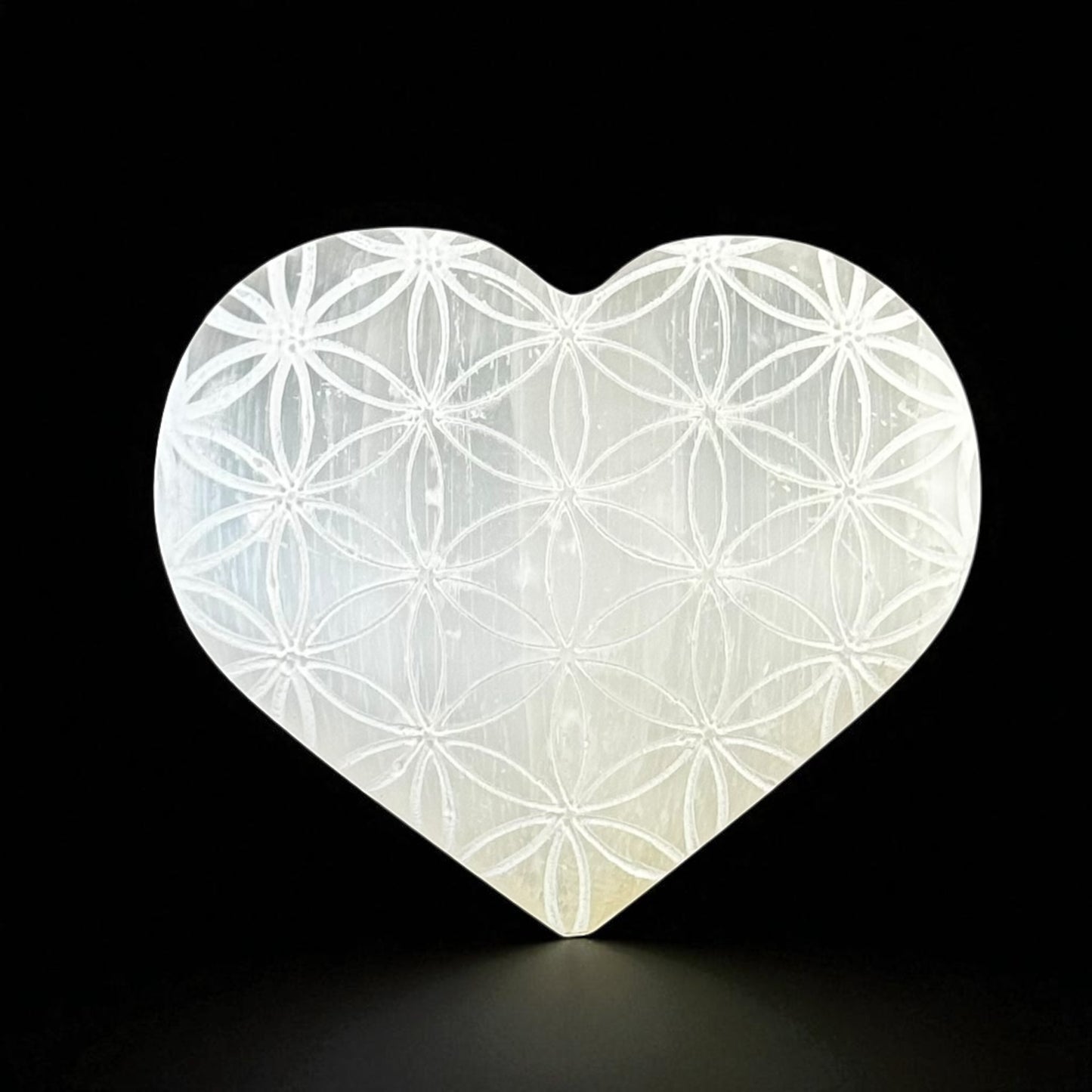 Flower of Life Heart Selenite Crystal Palm Stones