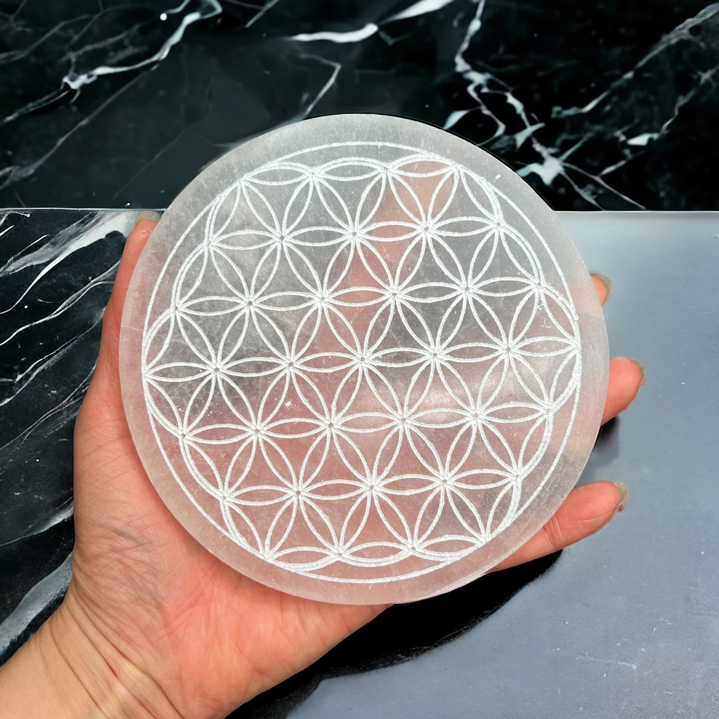 生命之花透石膏水晶盤圓形(大號)