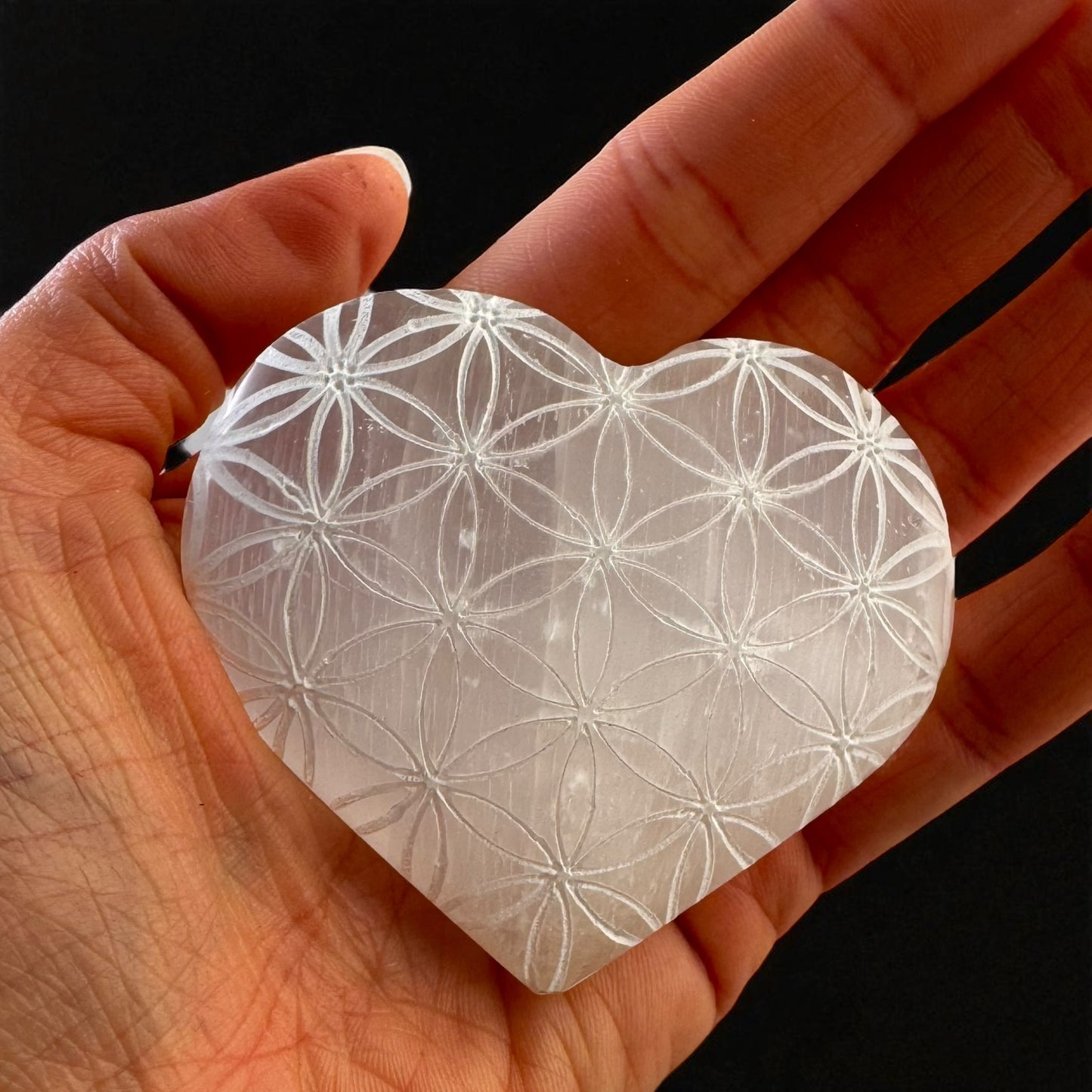 Flower of Life Heart Selenite Crystal Palm Stones