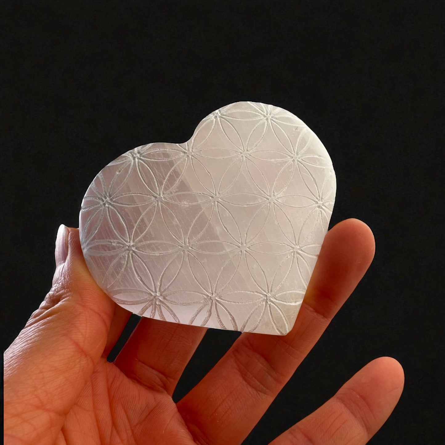 Flower of Life Heart Selenite Crystal Palm Stones