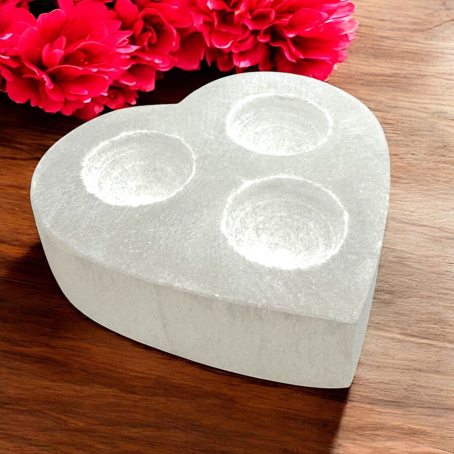 Heart Selenite Crystal 3 tea-light Candle Holder