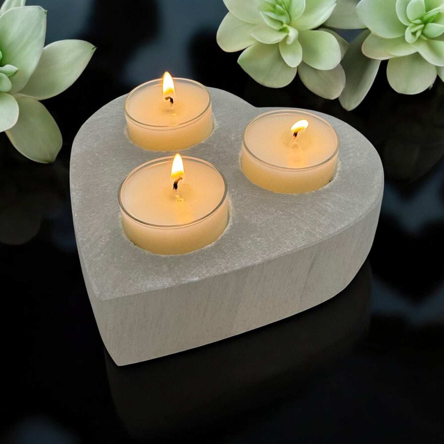 Heart Selenite Crystal 3 tea-light Candle Holder