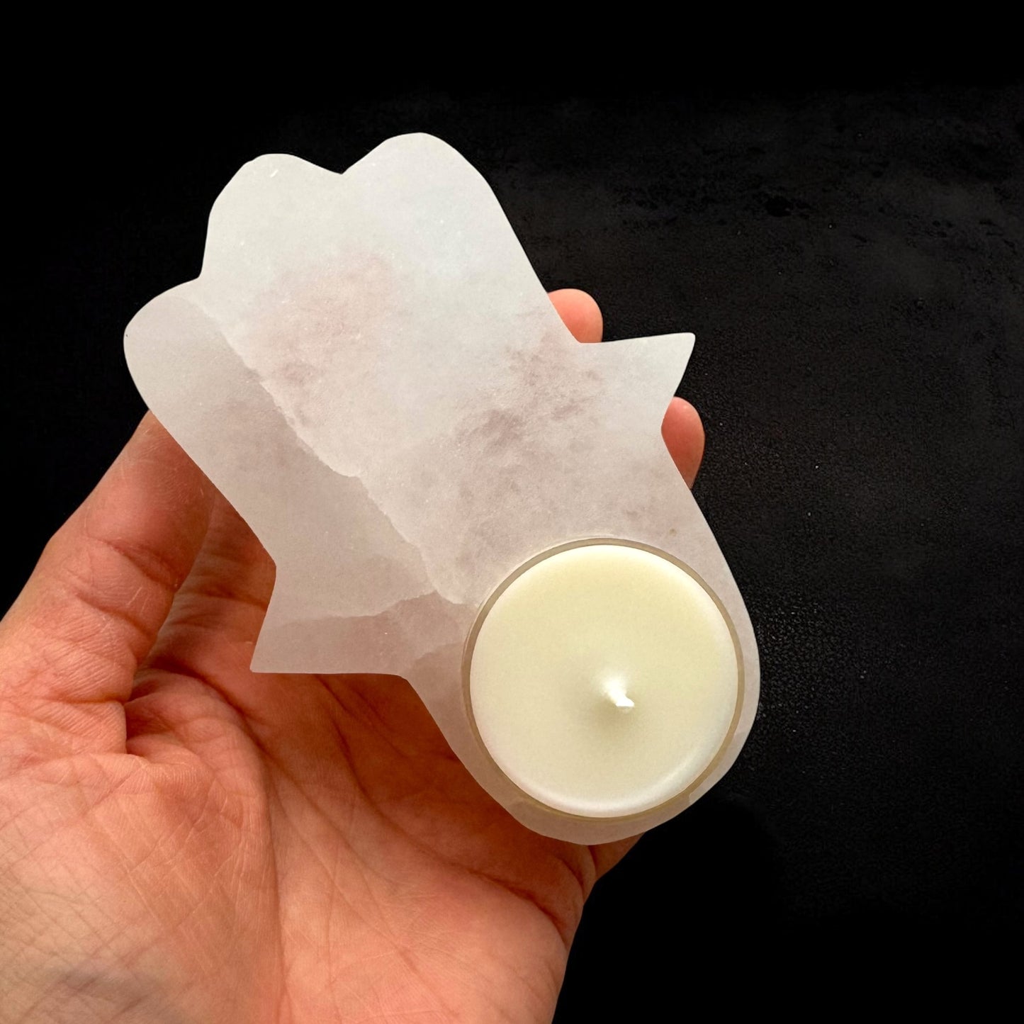 Hamsa Hand Selenite Crystal Candle Holder