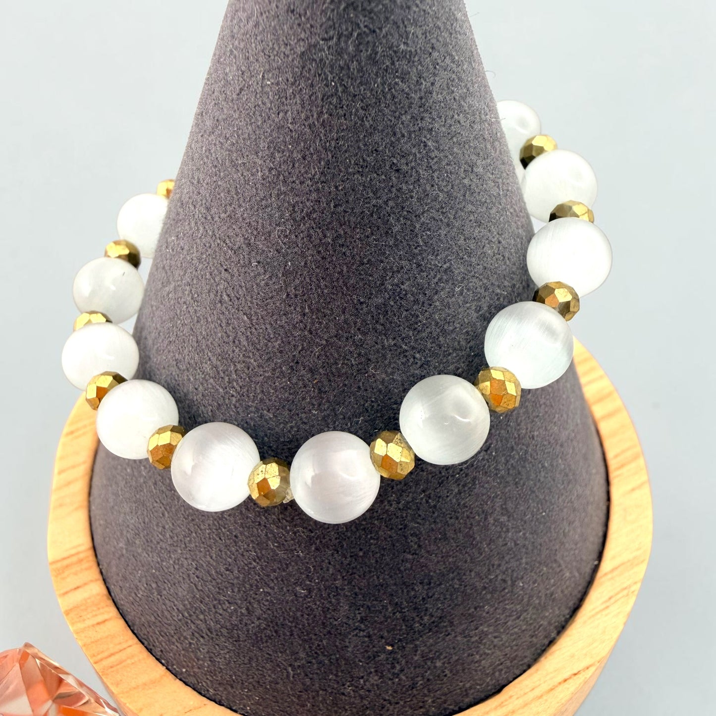Selenite Crystal with Faceted Pyrite Beaded Bracelets