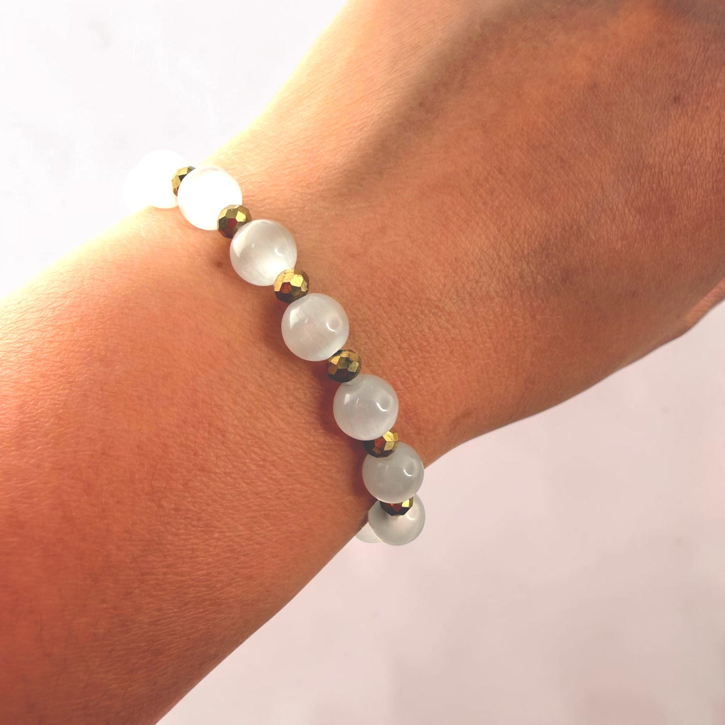 Selenite Crystal with Faceted Pyrite Beaded Bracelets