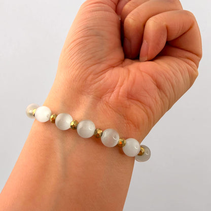 Selenite Crystal with Faceted Pyrite Beaded Bracelets