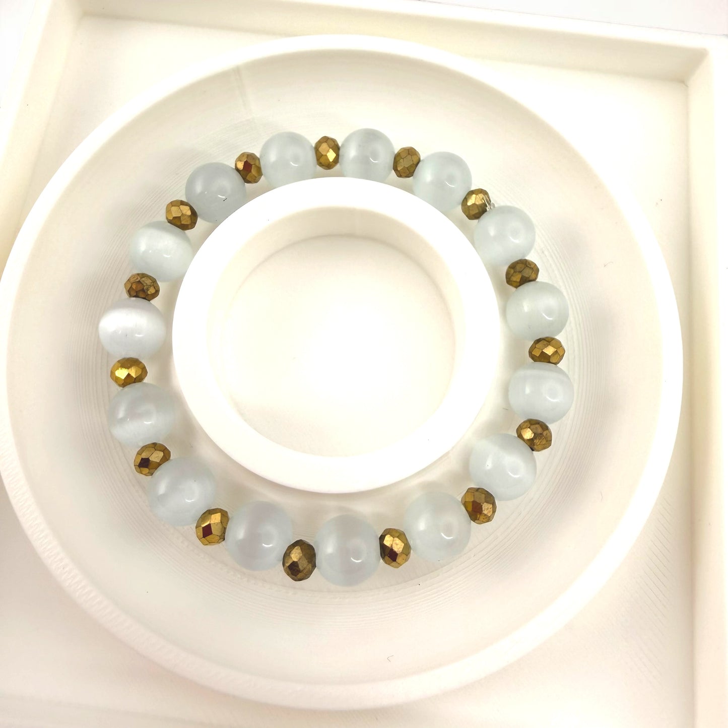 Selenite Crystal with Faceted Pyrite Beaded Bracelets