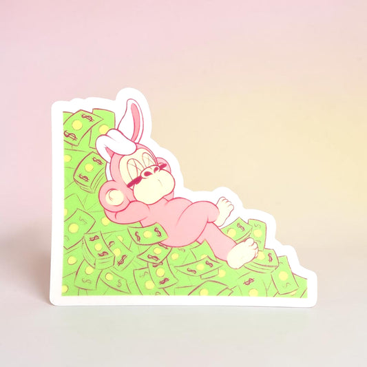Abundantia is Bored Water Proof Vinyl Sticker (Laying on top of piles of $$)