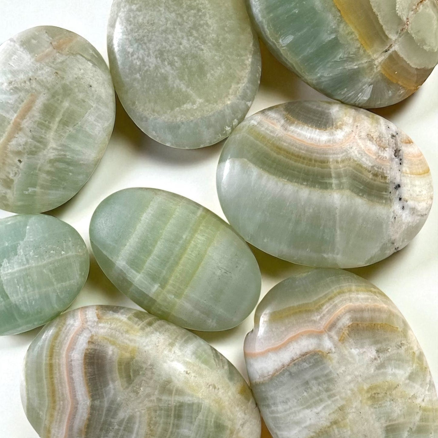 Pistachio Green Calcite Crystal Palm Stones