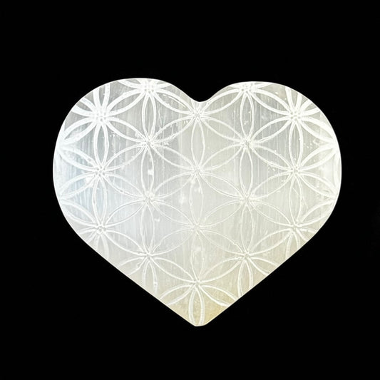 Flower of Life Heart Selenite Crystal Palm Stones