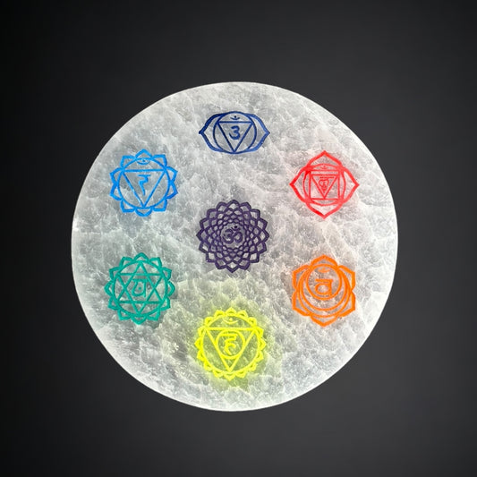 Round Selenite Plate with with Colored Chakra Carving  (M)