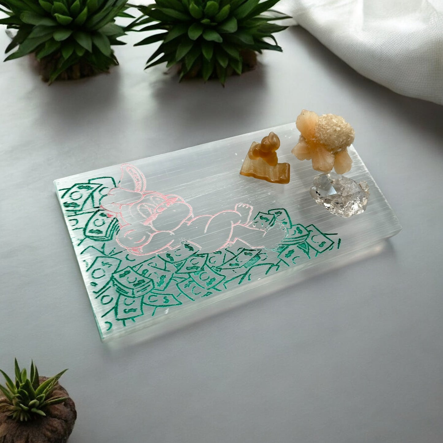 Abundantia Ape Carved Rectangle Selenite Plate (L)