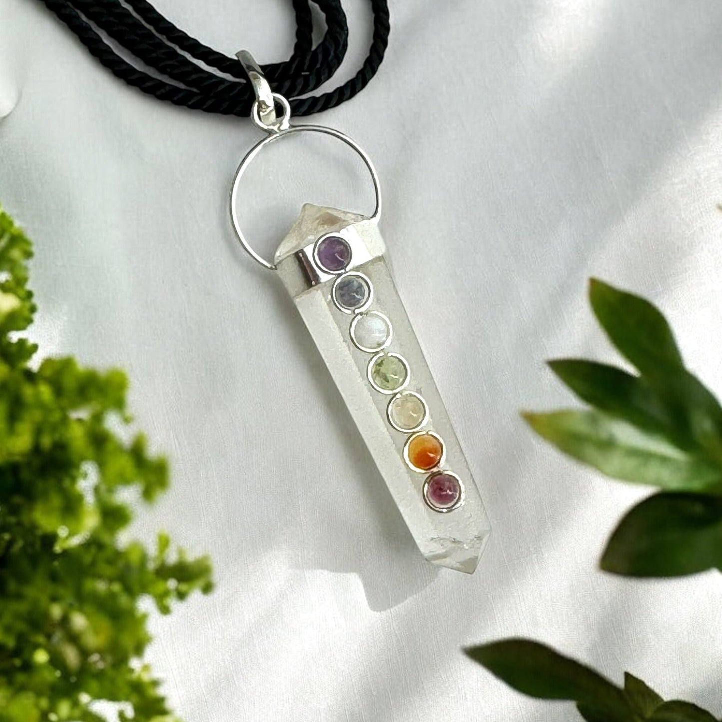 7 Chakra Gem on Clear Quartz Pendant