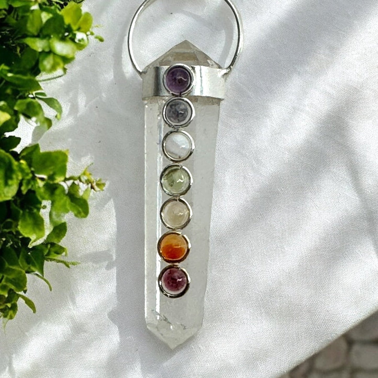 7 Chakra Gem on Clear Quartz Pendant